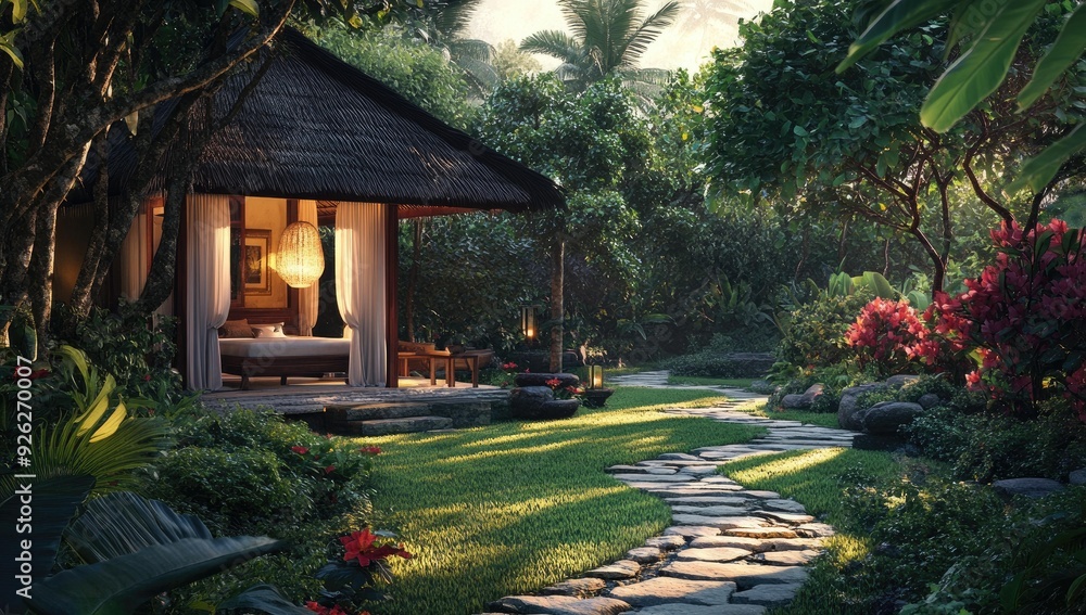Naklejka premium Tropical bungalow with stone path and lush foliage.