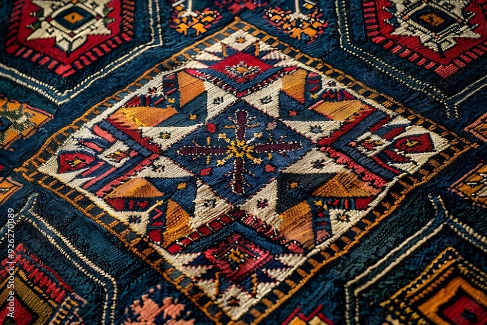 Closeup of Colorful Geometric Pattern in Handwoven Rug Closeup of Colorful Geometric Pattern in Handwoven Rug