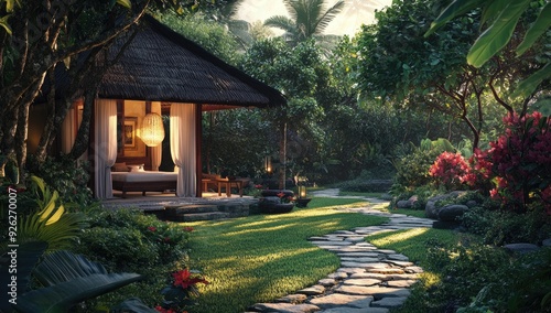 Tropical bungalow with stone path and lush foliage.