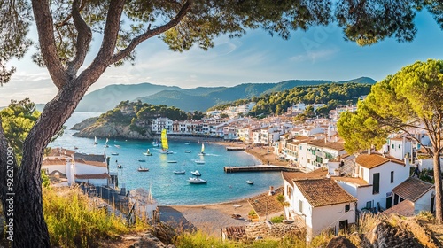 Serene Port de la Selva: Windsurfers on Catalonian Coastline - Mediterranean Sea Panorama photo