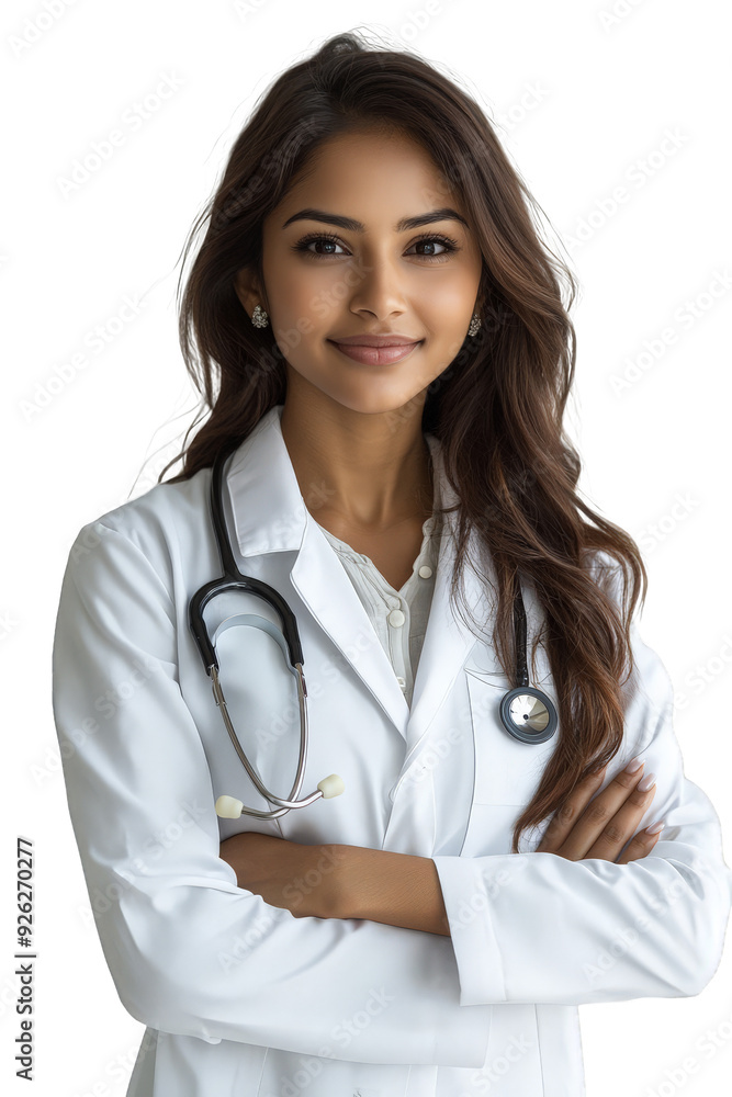 Young Indian Female Doctor in a White Lab Coat with a Stethoscope, Standing with arms crossed, Transparent Background Young Indian Female Doctor in a White Lab Coat with a Stethoscope, Standing with arms crossed, Transparent Background