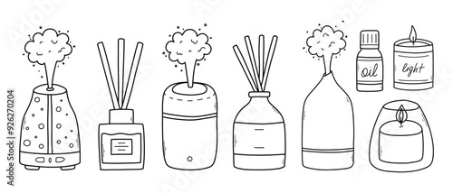 Set of aroma diffusers in doodle style. Collection of linear diffusers isolated on a white background.