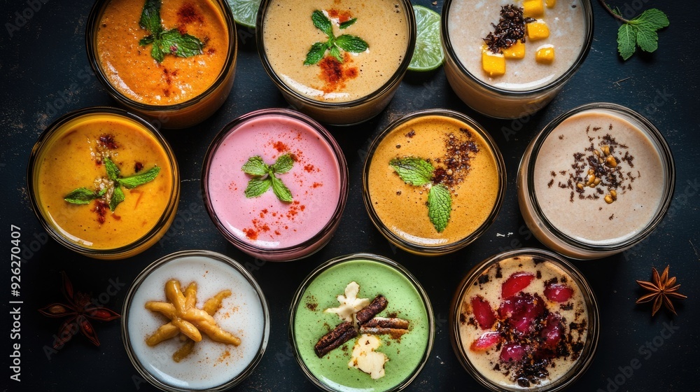 Top view of an array of traditional Indian drinks like lassi and chai with festive garnishes Top view of an array of traditional Indian drinks like lassi and chai with festive garnishes