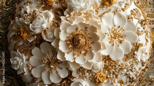 Top view of an elegant Indian wedding cake with intricate designs and flowers