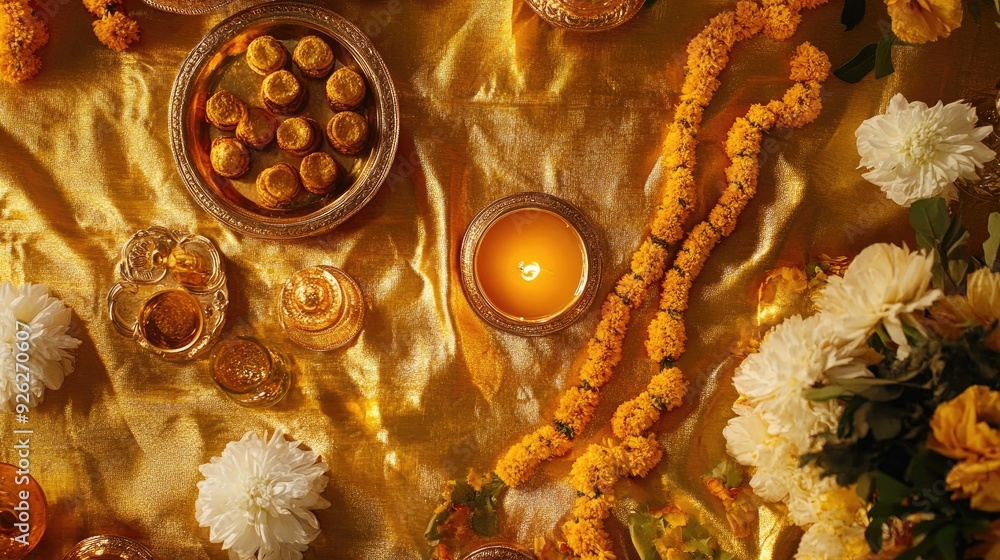 Top view of an Indian celebration setup with oil lamps, flower garlands, and sweets on golden cloth Top view of an Indian celebration setup with oil lamps, flower garlands, and sweets on golden cloth