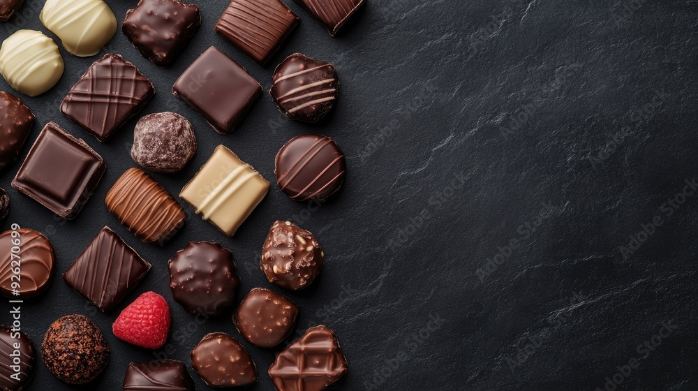 Top view of assorted chocolates on a dark background with ample space for text Top view of assorted chocolates on a dark background with ample space for text