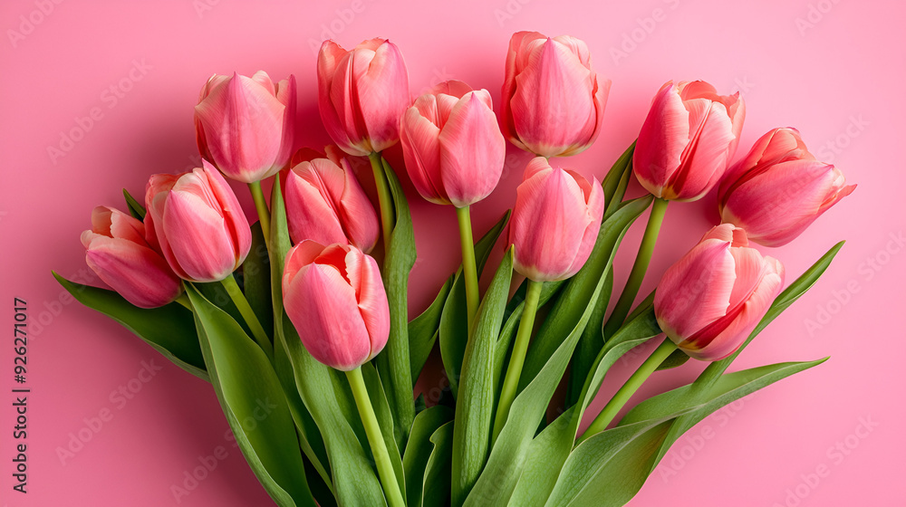 Obraz premium Vibrant single rose on a pink background with soft shadow Closeup shot of a vibrant pink rose in full bloom surrounded by green leaves in a garden, Generative Ai