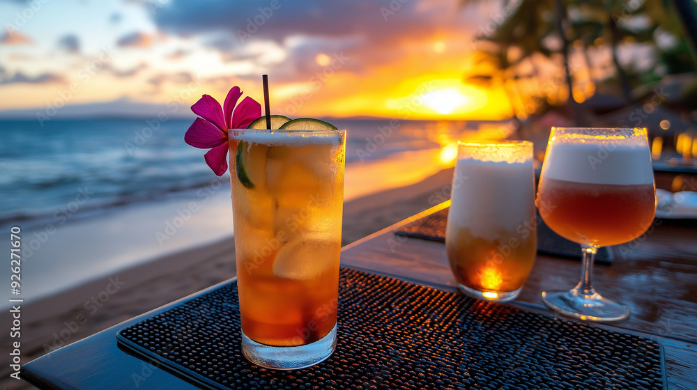 A resort beachside bar with tropical drinks and a sunset view A resort beachside bar with tropical drinks and a sunset view