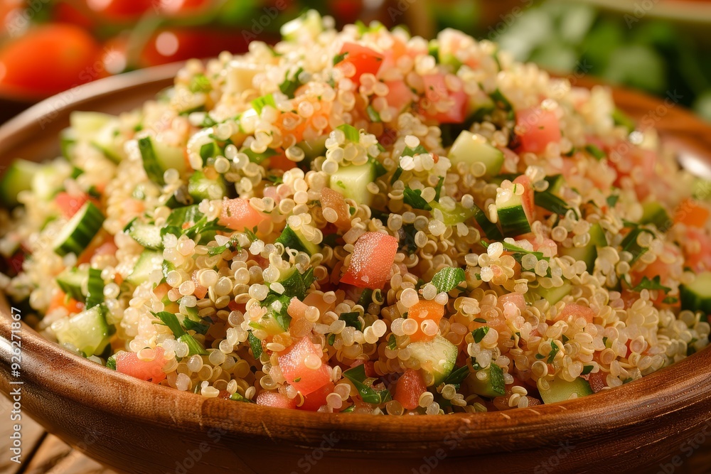 Quinoa Salad with Tomatoes, Cucumber and Herbs in a Wooden Bowl A Healthy and Refreshing Meal Quinoa Salad with Tomatoes, Cucumber and Herbs in a Wooden Bowl A Healthy and Refreshing Meal