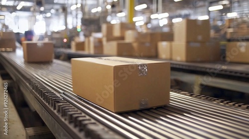 Wallpaper Mural Cardboard boxes on conveyor belts in a warehouse symbolize efficient order fulfillment and logistics. Torontodigital.ca