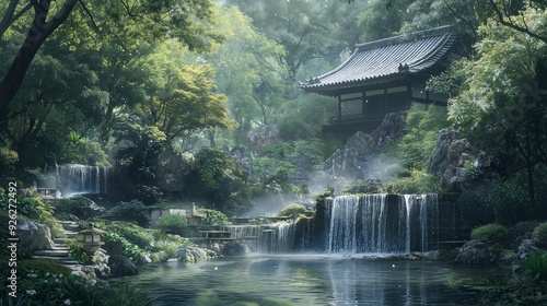 Serene forest scene with a traditional japanese structure, waterfalls, and lush greenery, embodying the essence of shinrin yoku. photo