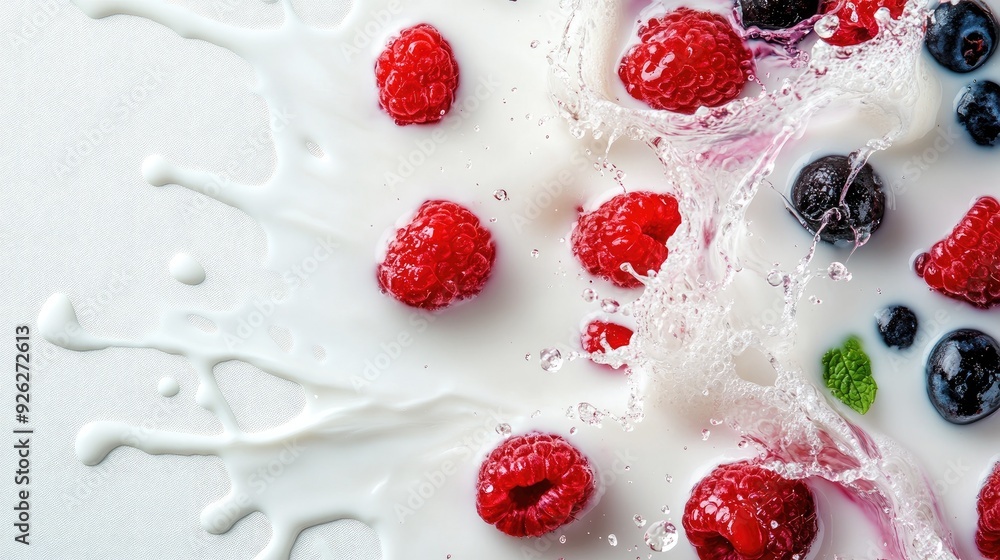 Top-down perspective of milk flavored with mixed fruits, with splash effect and ample space for text or branding Top-down perspective of milk flavored with mixed fruits, with splash effect and ample space for text or branding