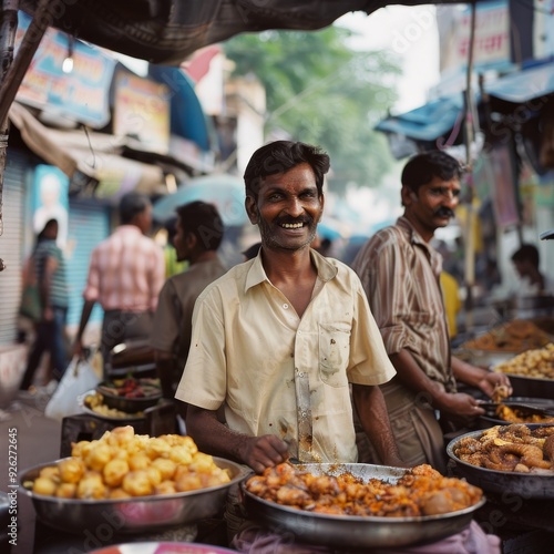 A smiling street vendor proudly presents an array of vibrant foods, engaging visitors in a lively, colorful market setting. photo