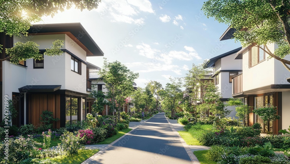 Modern houses with lush greenery and paved path. Modern houses with lush greenery and paved path.