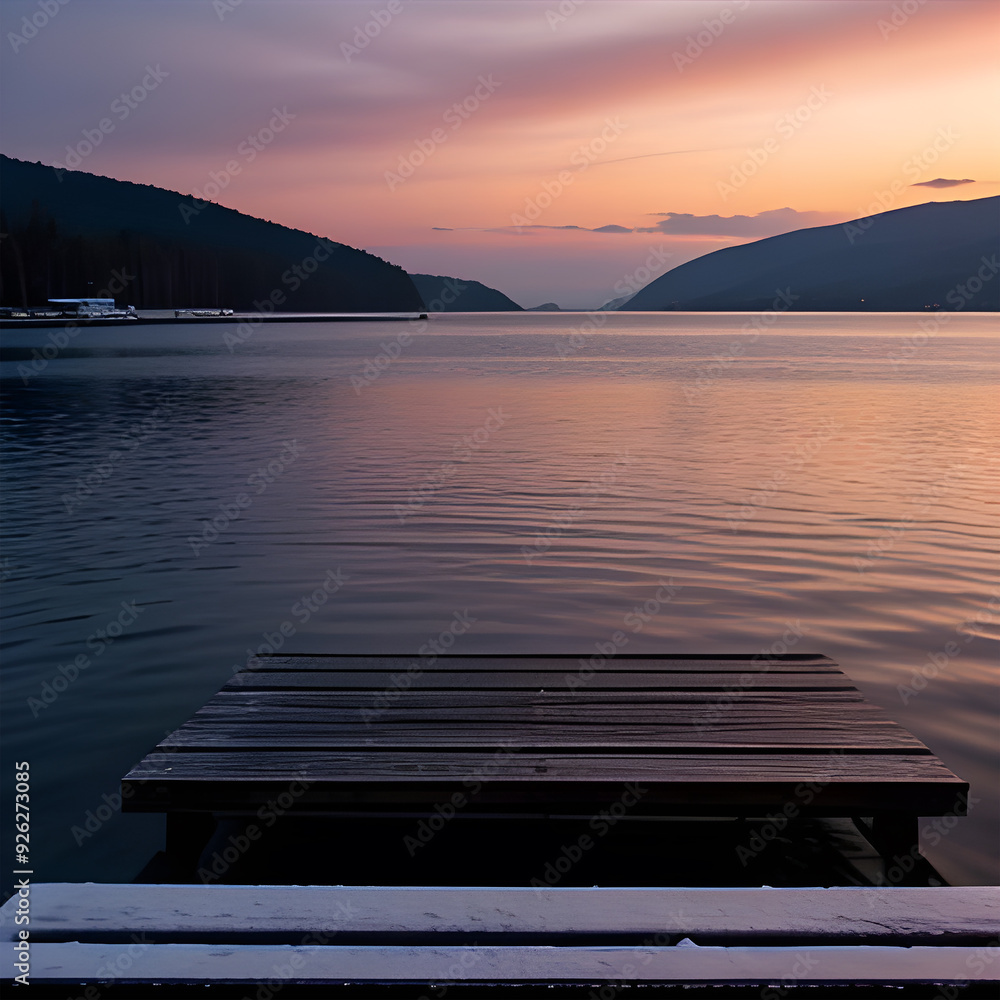 Obraz premium empty podium for mockups with the sunset in the sea background