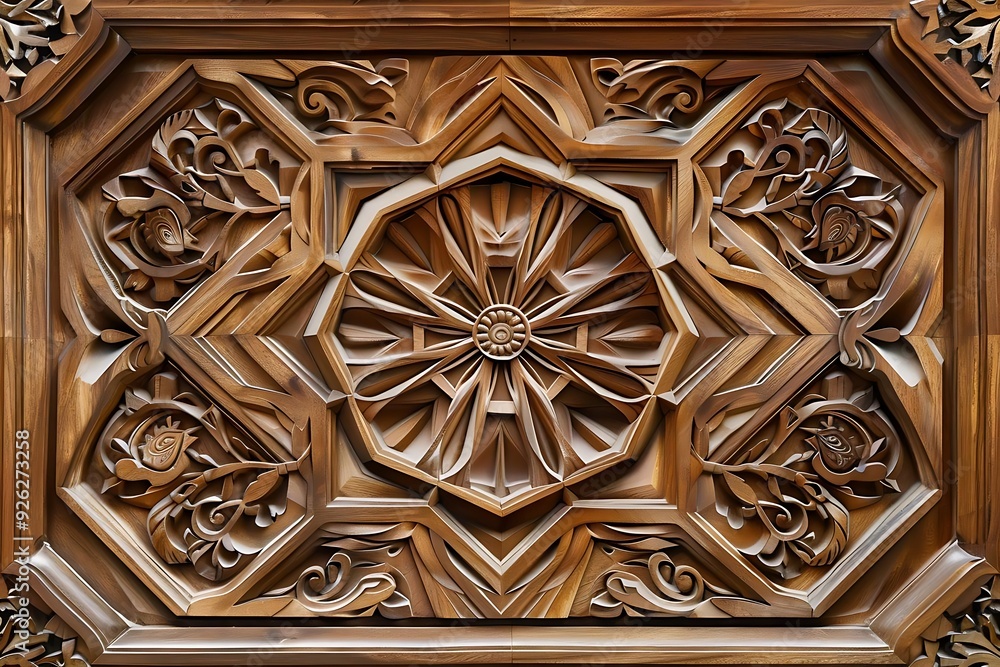 Intricate Carved Wooden Panel with Geometric and Floral Motifs - Illustration Intricate Carved Wooden Panel with Geometric and Floral Motifs - Illustration