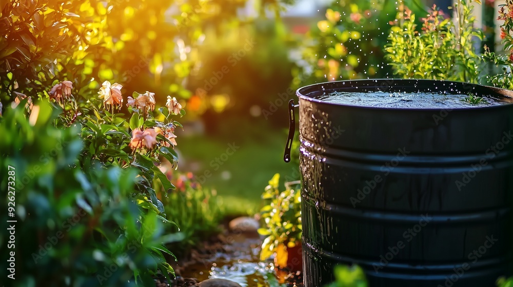 Rainwater harvesting system in a garden with a barrel collecting water, surrounded by lush plants and flowers. Rainwater harvesting system in a garden with a barrel collecting water, surrounded by lush plants and flowers.