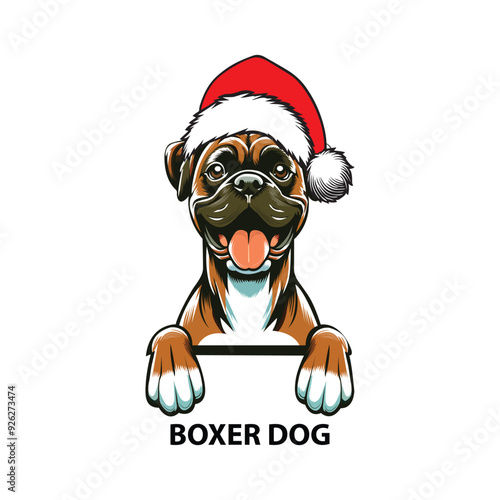 Peeking Boxer Dog With Santa Hat,  Christmas Dog Clipart Illustration