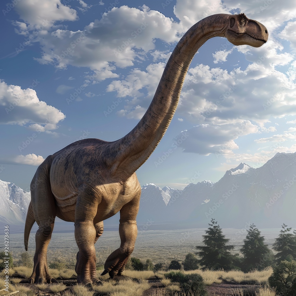 Fototapeta premium Brachiosaurus Dinosaur in a Mountain Landscape.