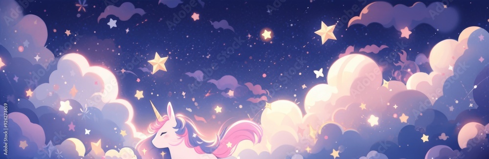 Fototapeta premium Enchanting Anime-Style Fantasy: A Dreamy Cartoon Unicorn Under a Starry Sky, a Magical Nighttime Story Theme Ideal for Abstract Art, Game Concepts, and 4K Storybook Wallpapers.