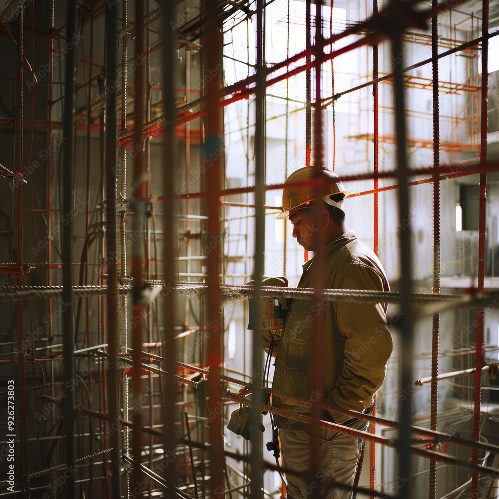 A construction worker stands amidst scaffolding, embodying the hard work and intricacy involved in building. A construction worker stands amidst scaffolding, embodying the hard work and intricacy involved in building.
