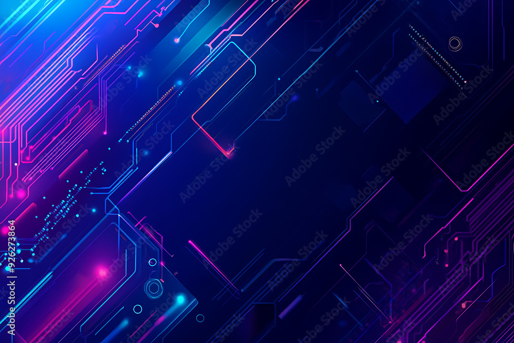 Futuristic vector illustration of an abstract circuit board with neon blue and purple gradients, showcasing intricate digital patterns and tech elements Futuristic vector illustration of an abstract circuit board with neon blue and purple gradients, showcasing intricate digital patterns and tech elements