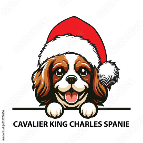 Peeking Cavalier Dog With Santa Hat,  Christmas Dog Clipart Illustration

