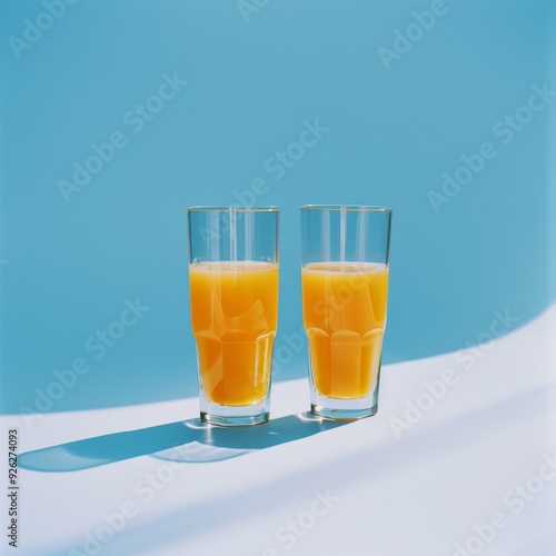 Two glasses of refreshing orange juice basking in the sunlight, casting gentle shadows on a smooth surface.