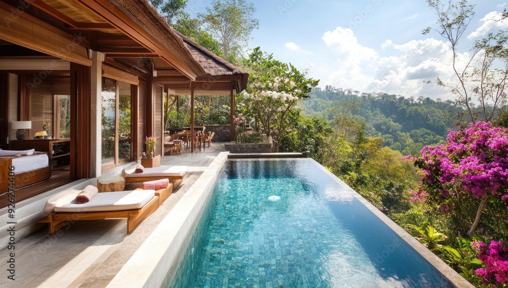 Fototapeta premium Luxury villa with pool overlooking lush jungle.