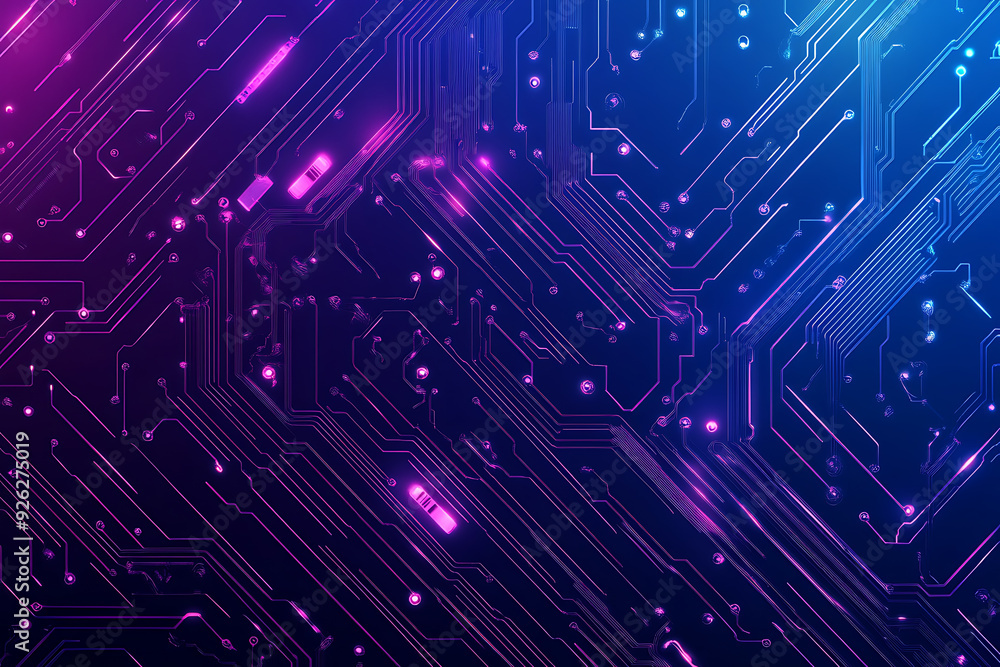 Futuristic vector illustration of an abstract circuit board with neon blue and purple gradients, showcasing intricate digital patterns and tech elements Futuristic vector illustration of an abstract circuit board with neon blue and purple gradients, showcasing intricate digital patterns and tech elements