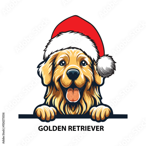 Peeking Golden Retriever Dog With Santa Hat, Christmas Dog Clipart Illustration
