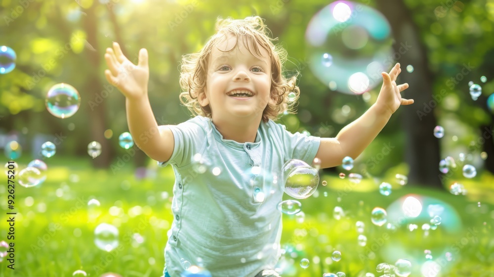 Happy Child Playing with Bubbles in the Park. Happy Child Playing with Bubbles in the Park.