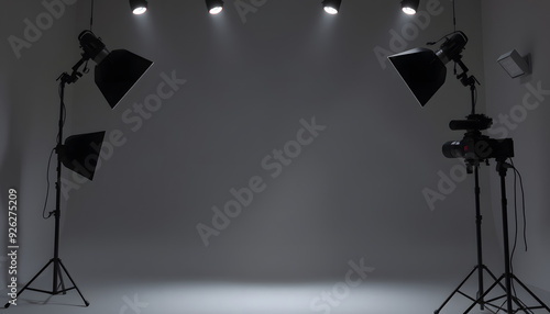 Grey photo background and professional lighting equipment in studio isolated with white highlights, png photo