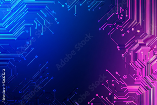 Futuristic vector illustration of an abstract circuit board with neon blue and purple gradients, showcasing intricate digital patterns and tech elements