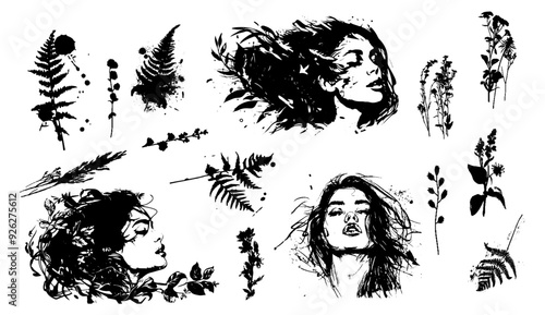 Detailed trendy design for natural products, wall art, social media, prints, invitations and branding design. Vector set of line drawings of decorated women's heads with flowers, plants and leaves.