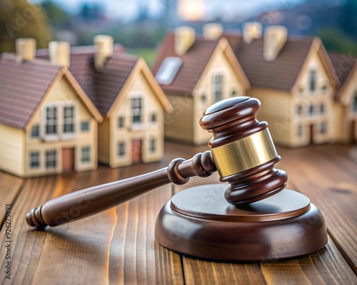 A gavel on a wooden table with model houses in the background, symbolizing real estate law, property auctions, and legal decisions related to housing and property rights photo