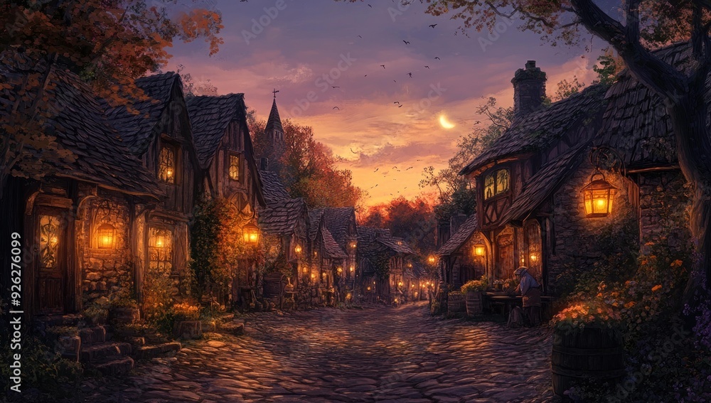 Fototapeta premium Cobblestone street lit by lanterns in a medieval village.