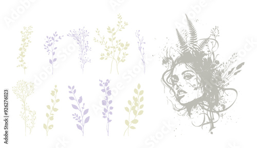 Detailed trendy design for natural products, wall art, social media, prints, invitations and branding design. Vector set of line drawings of decorated women's heads with flowers, plants and leaves.
