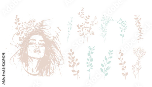 Detailed trendy design for natural products, wall art, social media, prints, invitations and branding design. Vector set of line drawings of decorated women's heads with flowers, plants and leaves.