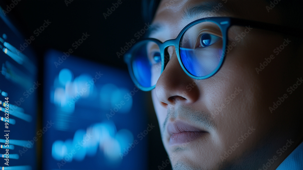 asian man trader analyzing stock market financial data and graphs on multiple computer screens asian man trader analyzing stock market financial data and graphs on multiple computer screens