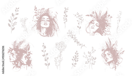 Detailed trendy design for natural products, wall art, social media, prints, invitations and branding design. Vector set of line drawings of decorated women's heads with flowers, plants and leaves.