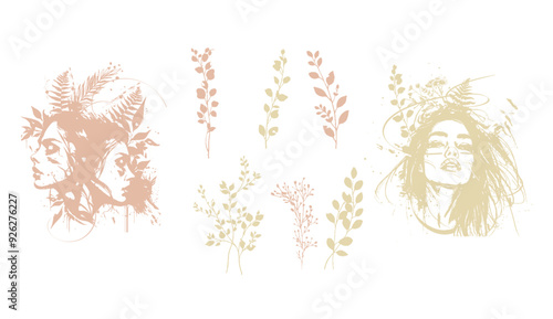 Detailed trendy design for natural products, wall art, social media, prints, invitations and branding design. Vector set of line drawings of decorated women's heads with flowers, plants and leaves.