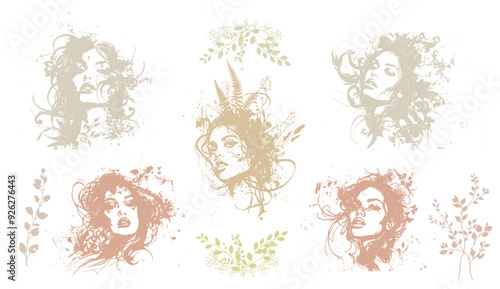 Detailed trendy design for natural products, wall art, social media, prints, invitations and branding design. Vector set of line drawings of decorated women's heads with flowers, plants and leaves.