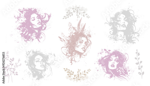 Detailed trendy design for natural products, wall art, social media, prints, invitations and branding design. Vector set of line drawings of decorated women's heads with flowers, plants and leaves.