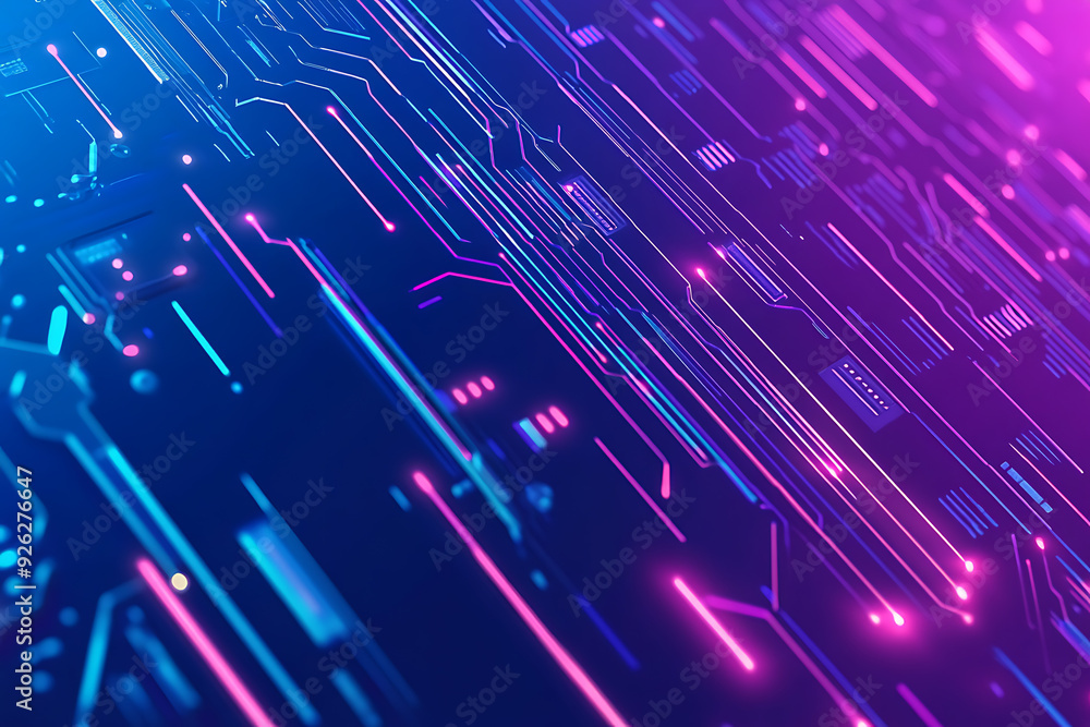 Futuristic vector illustration of an abstract circuit board with neon blue and purple gradients, showcasing intricate digital patterns and tech elements Futuristic vector illustration of an abstract circuit board with neon blue and purple gradients, showcasing intricate digital patterns and tech elements