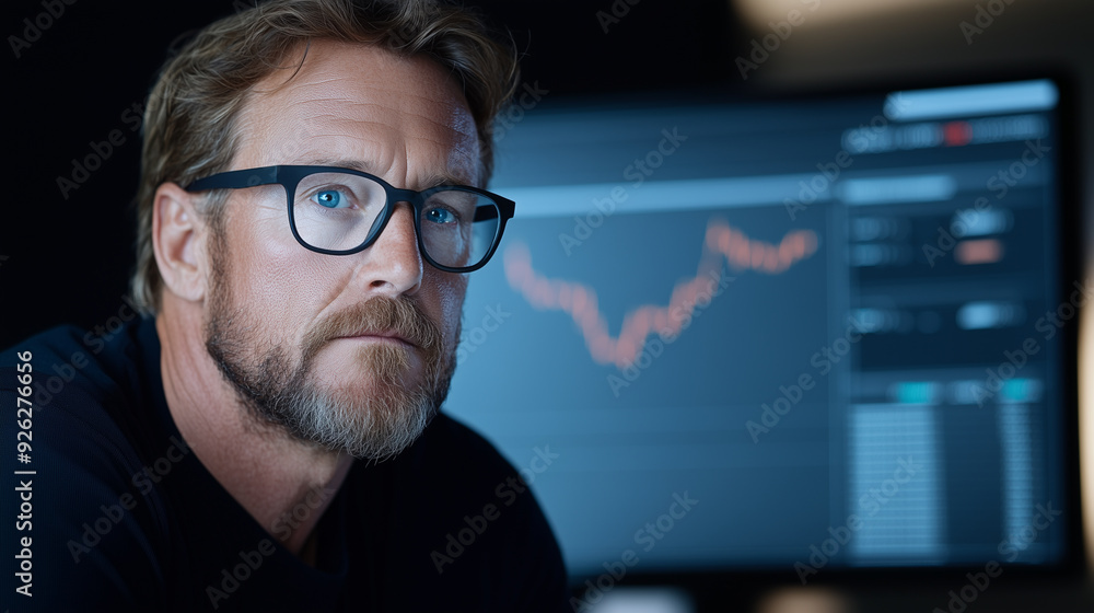 professional man in glasses sitting in front of monitor displaying stock market data and trading charts professional man in glasses sitting in front of monitor displaying stock market data and trading charts