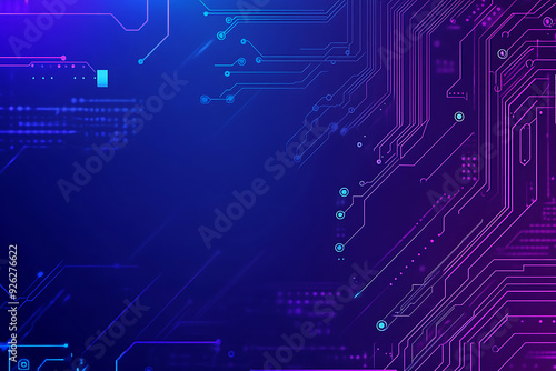 Futuristic vector illustration of an abstract circuit board with neon blue and purple gradients, showcasing intricate digital patterns and tech elements