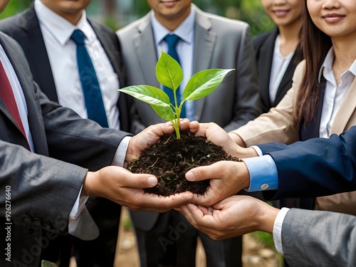 business people planting and protecting small shoots by hand, collection of business people holding small shoots