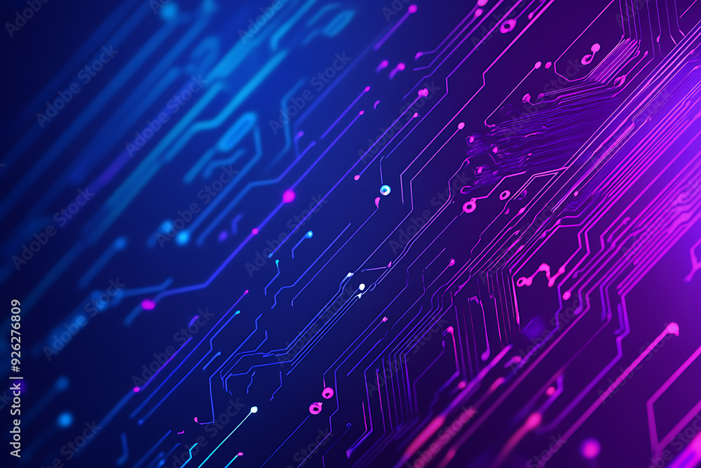 Futuristic vector illustration of an abstract circuit board with neon blue and purple gradients, showcasing intricate digital patterns and tech elements Futuristic vector illustration of an abstract circuit board with neon blue and purple gradients, showcasing intricate digital patterns and tech elements