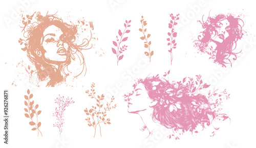 Detailed trendy design for natural products, wall art, social media, prints, invitations and branding design. Vector set of line drawings of decorated women's heads with flowers, plants and leaves.